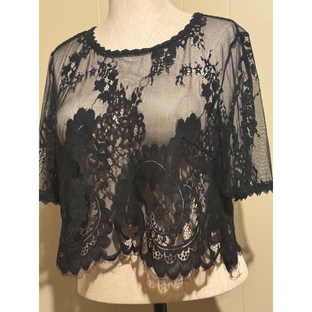 Sheer‎ Black Lace Top Medium Romantic Goth Dark Academia Fairy Grunge Layering - Picture 2 of 7